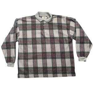Northwest Blue Polo Mens XL Rayon Blend Fleece Long Sleeve Plaid Grey Vintage